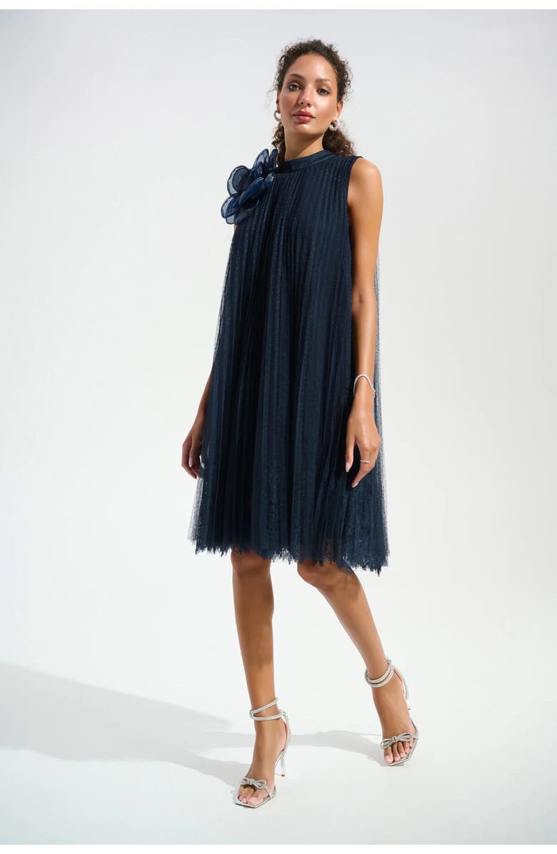 Joseph Ribkoff Signature | Mesh And Lace A-Line Dress With Organza Flower Detail, Alternate, color, Midnight Blue
