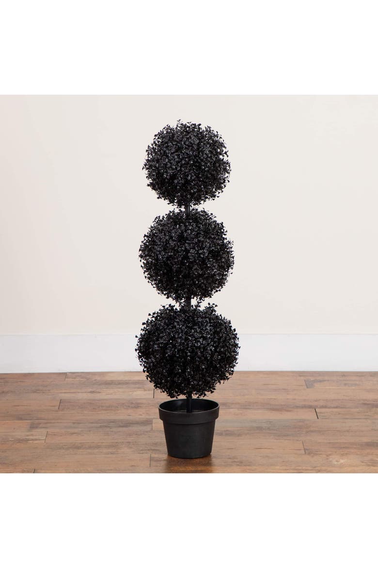 3-ft UV Resistant Artificial Halloween Black Triple Ball Boxwood Topiary, Alternate, color, Green