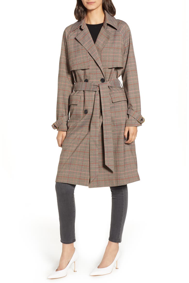 Plaid Trench Coat, Alternate, color, TAN BLACK GLEN PLAID