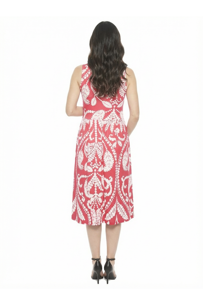 Maternity Paisley V-Neck Sleeveless Pleated Pocket Midi Fit N Flare Dress, Alternate, color, Red Multi
