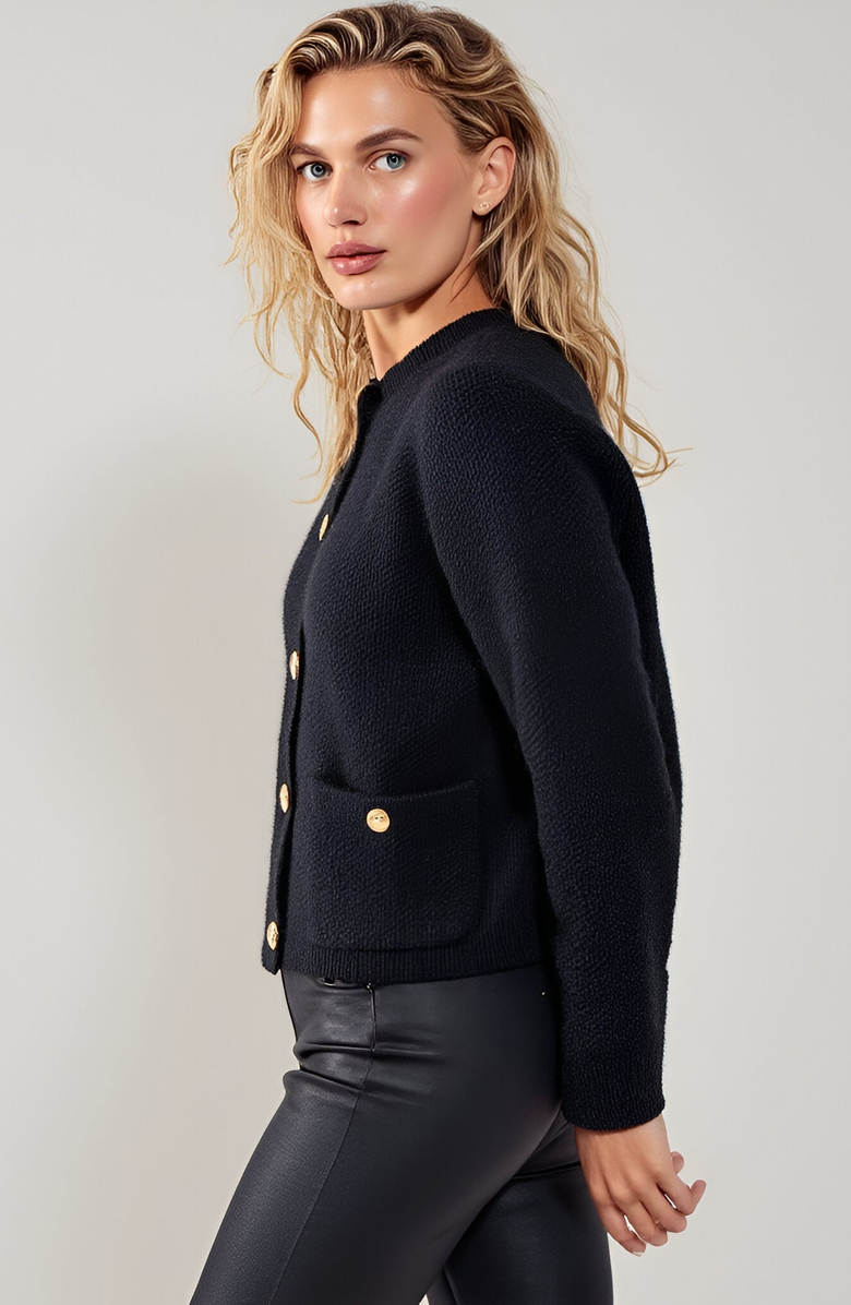 Modenaire Textured Knit Gold Button-Front Patch-Pocket Cardigan, Alternate, color, Black