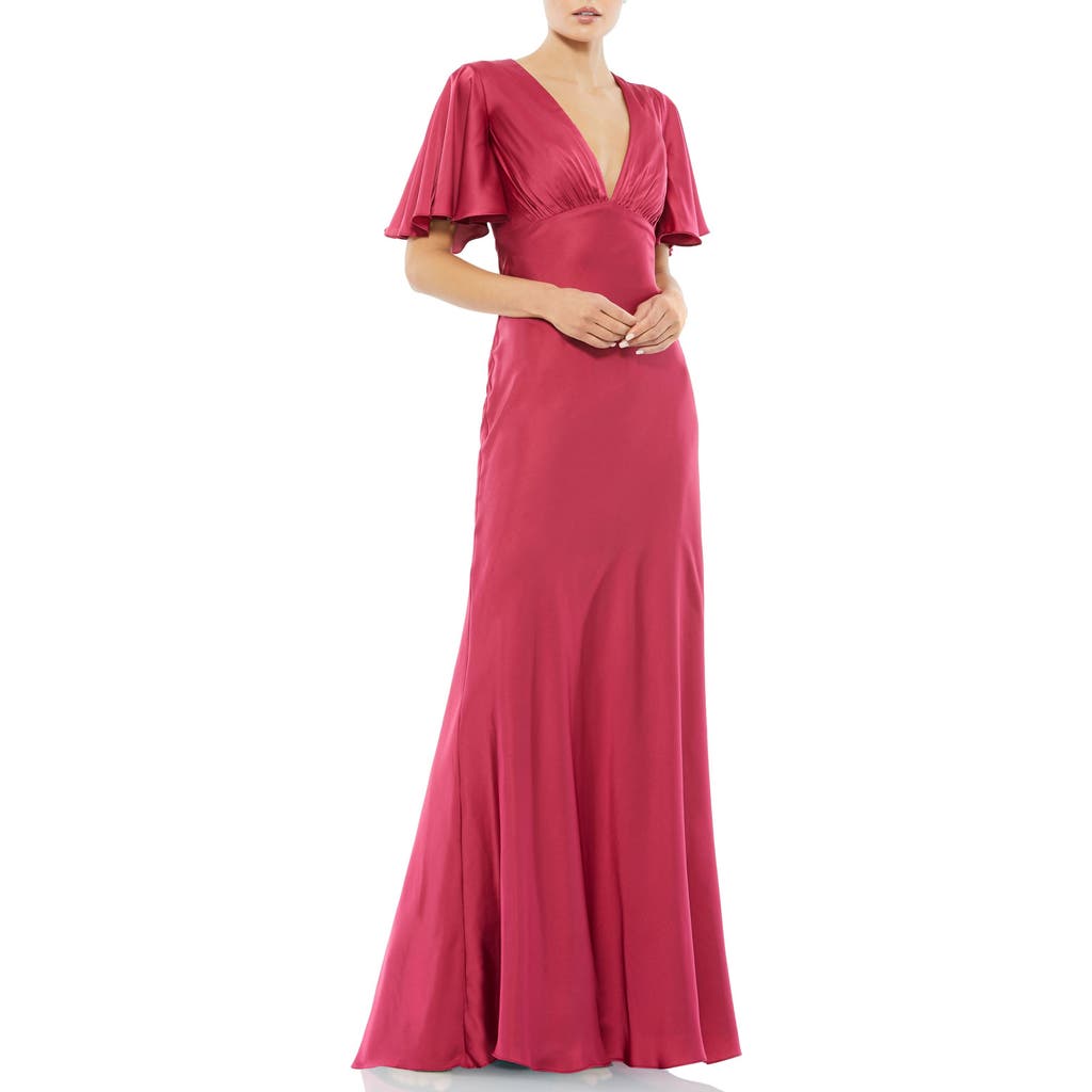Mac Duggal Flounce Sleeve Satin Trumpet Gown