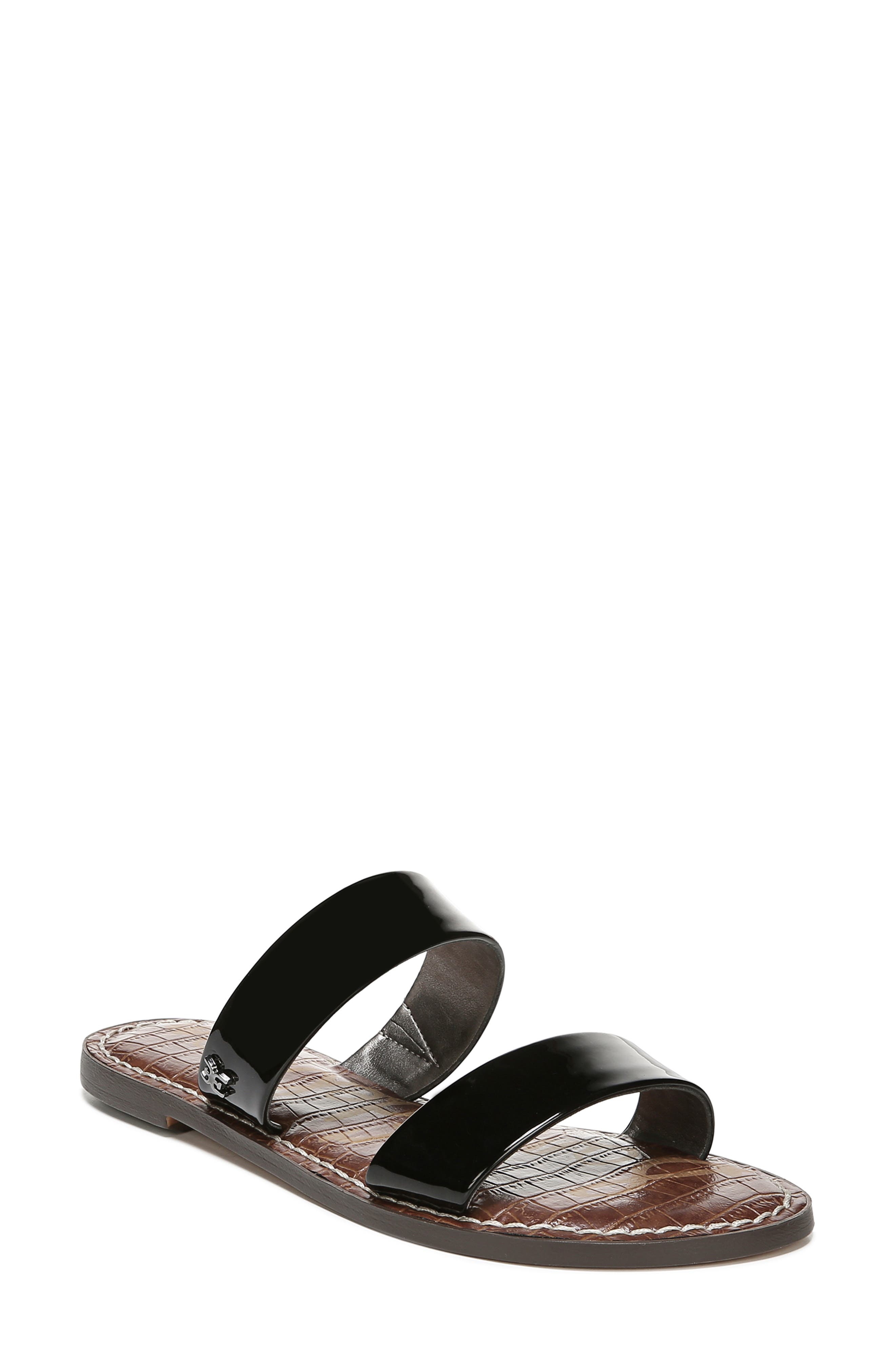 Gala Two Strap Slide Sandal, Main, color, BLACK FAUX PATENT LEATHER