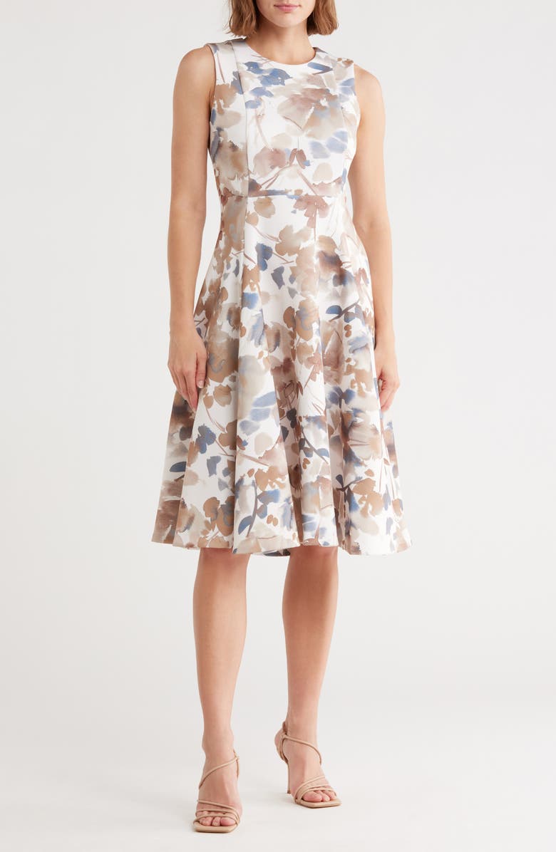 Calvin Klein Floral Sleeveless Fit & Flare Midi Dress, Main, color, Luggage Multi
