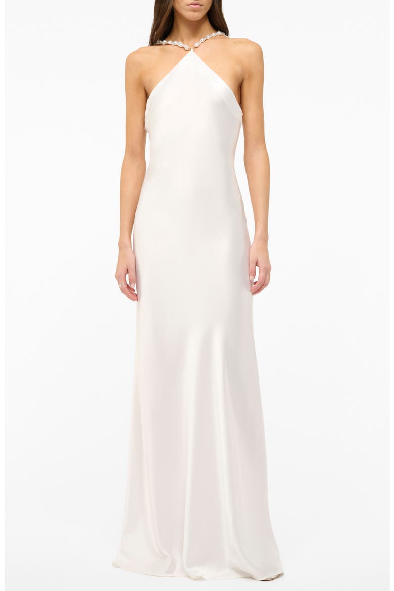 staud beaded dresses Cadence Sleeveless Satin Maxi Dress (Women) embellished mesh top Christmas birthday White or red for Color:Black, White, Chrome