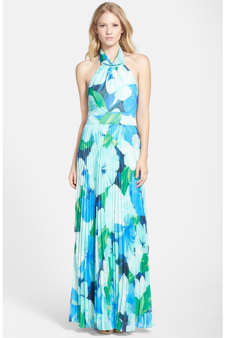 Print Chiffon Halter Dress, Main, color, BLUE/ GREEN