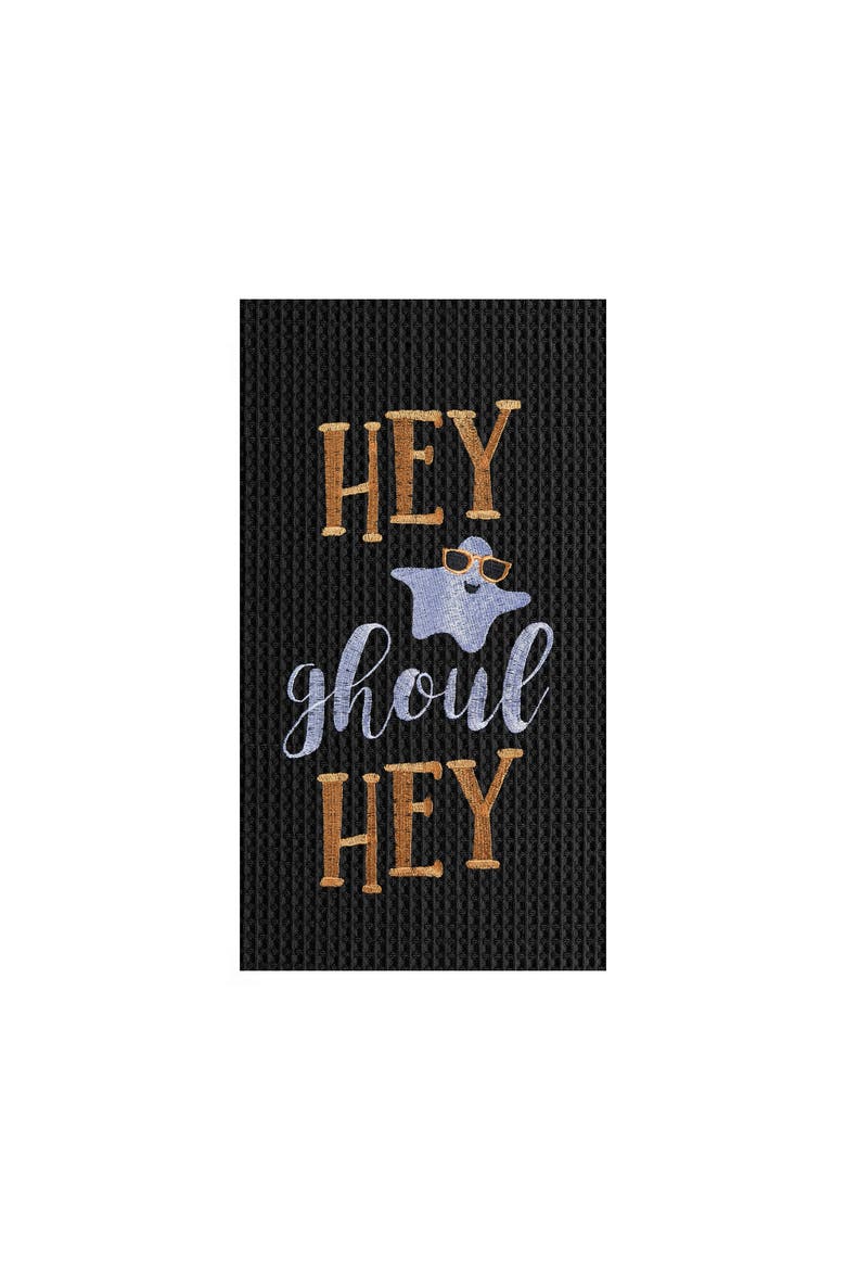 Hey Ghoul Hey Ghost Halloween Embroidered Cotton Waffle Weave Kitchen Towel, Main, color, Black