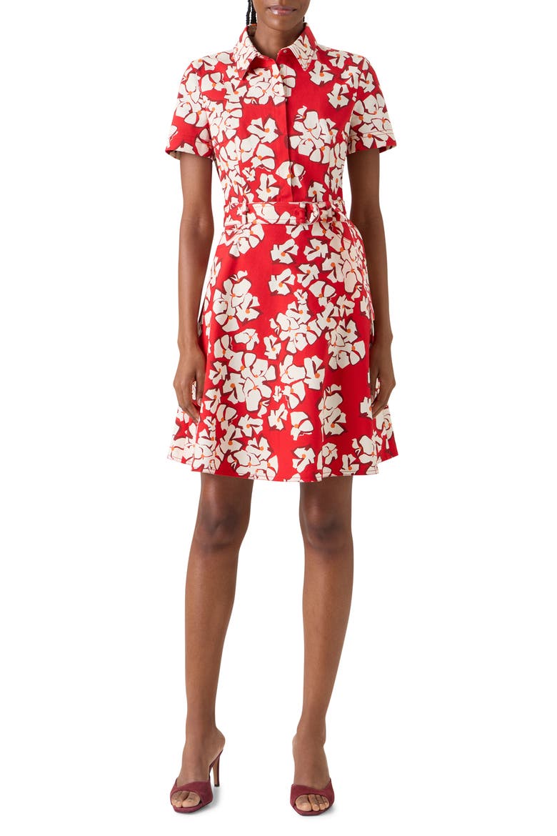Papercut Flower Belted Stretch Denim Shirtdress, Main, color, RED-CREAM