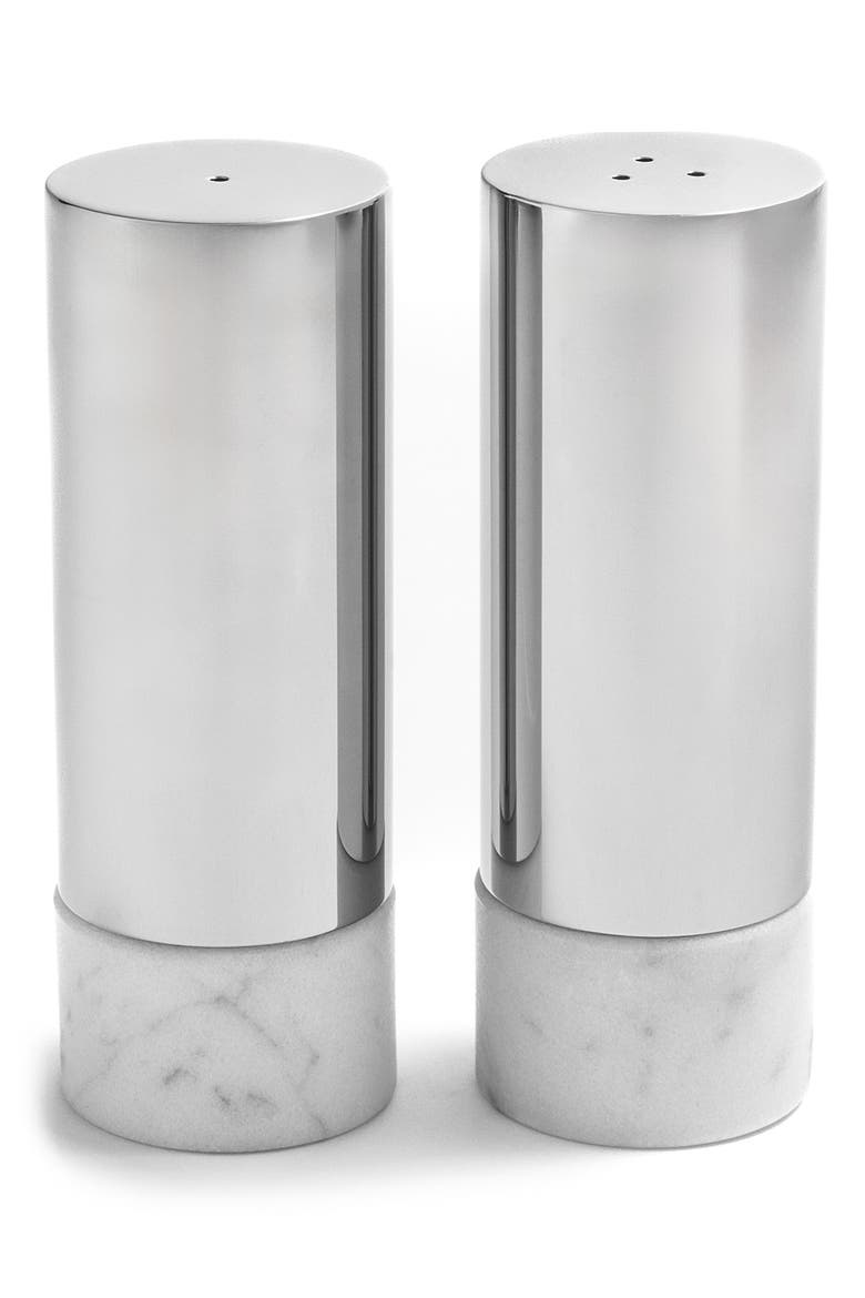 Coluna Dual Salt & Pepper Shaker Set, Main, color, WHITE AND SILVER