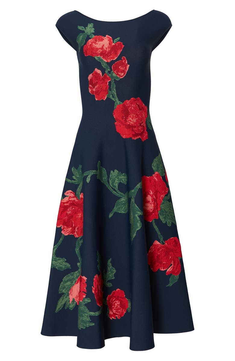 Carolina Herrera Floral Jaquard Bateau Neck Fit & Flare Dress, Alternate, color, 
