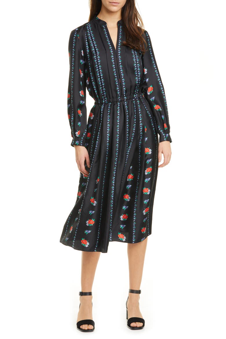 Floral Stripe Long Sleeve Silk Midi Dress, Main, color, HEIRLOOM STRIPE