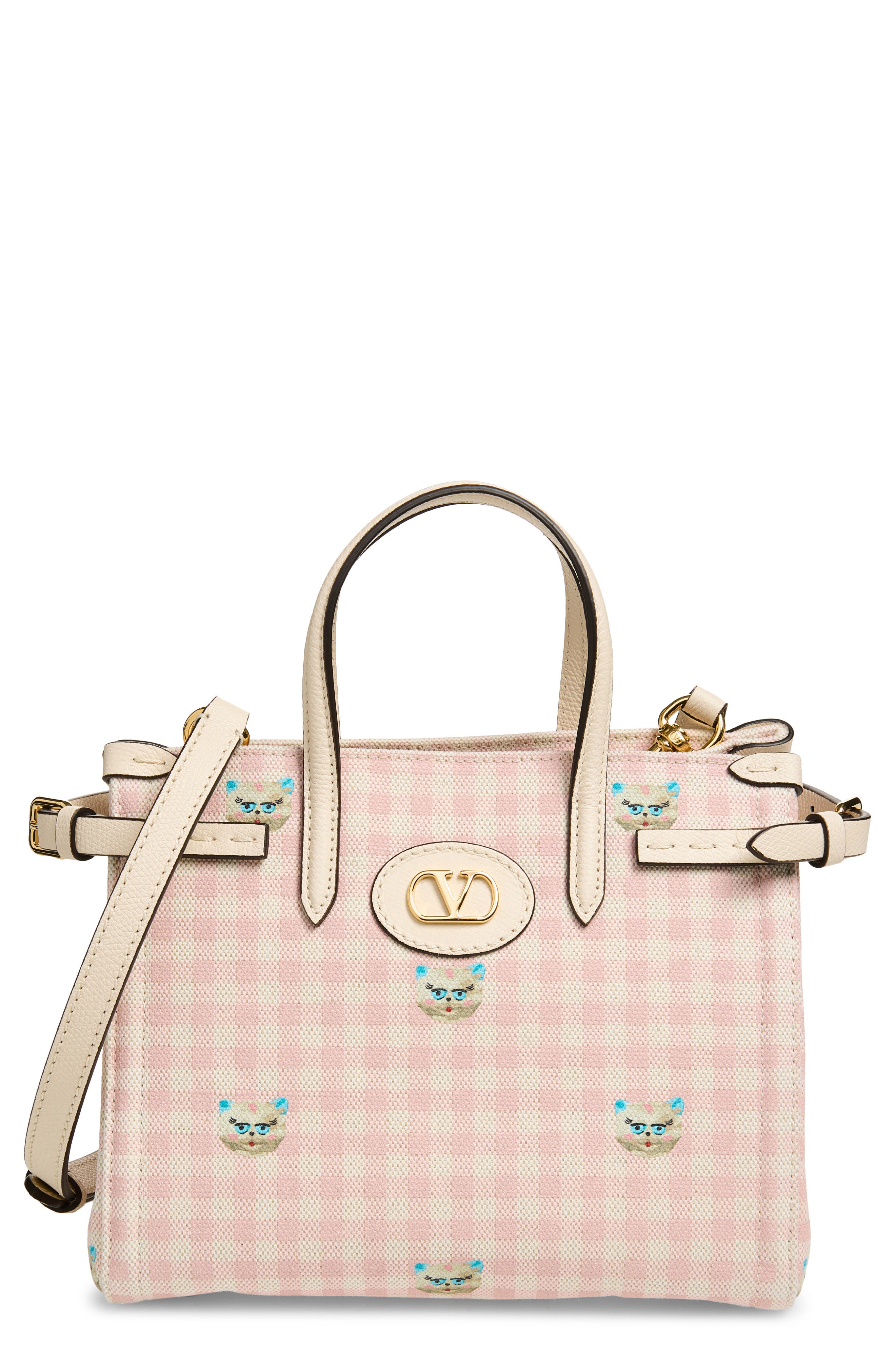 Valentino Garavani Small Antibes Gingham Canvas Tote, Main, color, Ivory/ Multi