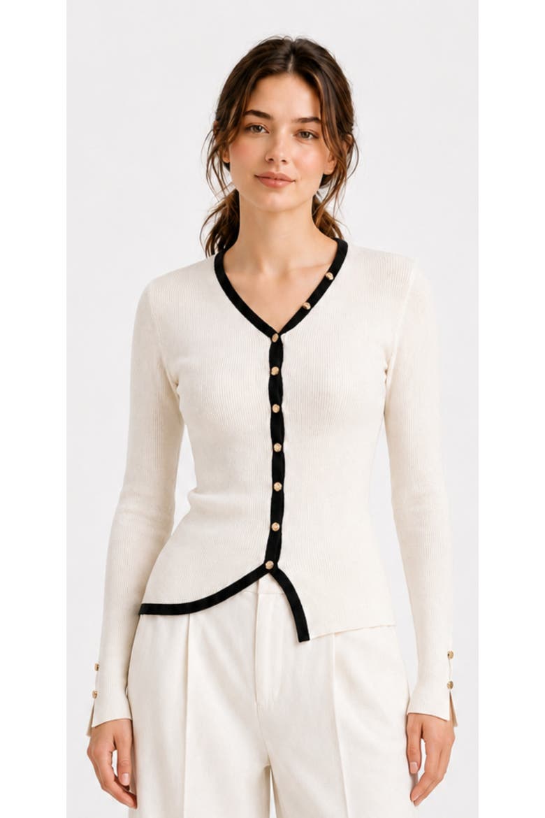 Contrast Trim Wool Blend V-Neck Cardigan, Main, color, Ivory