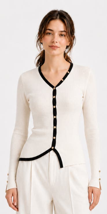Contrast Trim Wool Blend V-Neck Cardigan