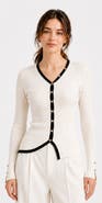 Gallery Seven Contrast Trim Wool Blend V-Neck Cardigan