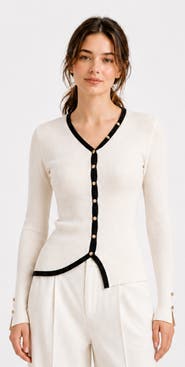 Gallery Seven Contrast Trim Wool Blend V-Neck Cardigan