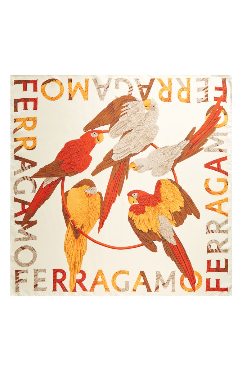 FERRAGAMO Parrot Print Silk Foulard Square Scarf, Main, color, Persimmon