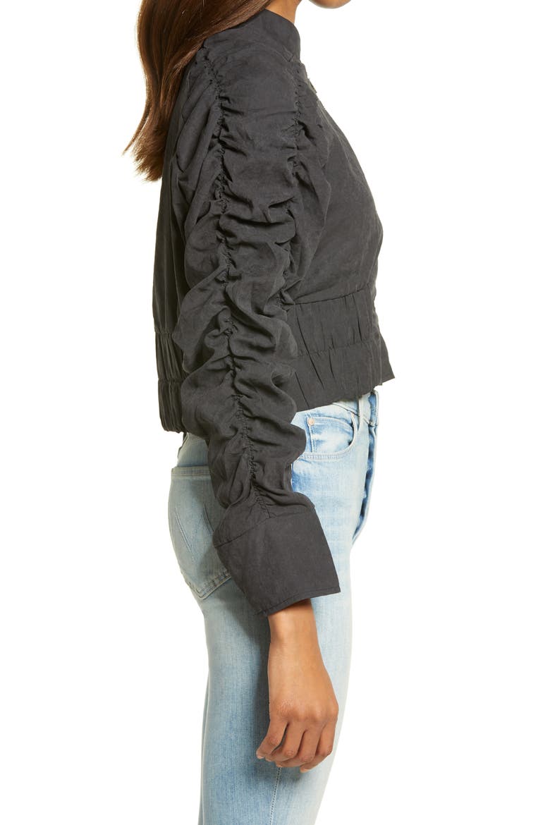 Ruched Sleeve Crop Bomber Jacket, Alternate, color, BLACK