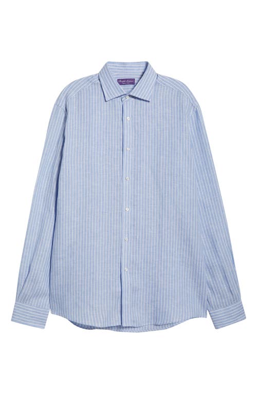Ralph Lauren Purple Label Tattersall Stripe Linen Button-up Shirt In Blue
