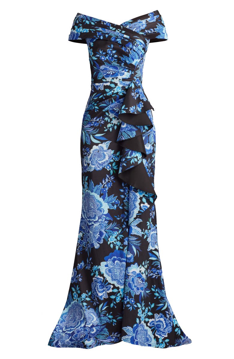 Tadashi Shoji Floral Print Ruffle Off the Shoulder Gown, Alternate, color, Black/ Blue Floral