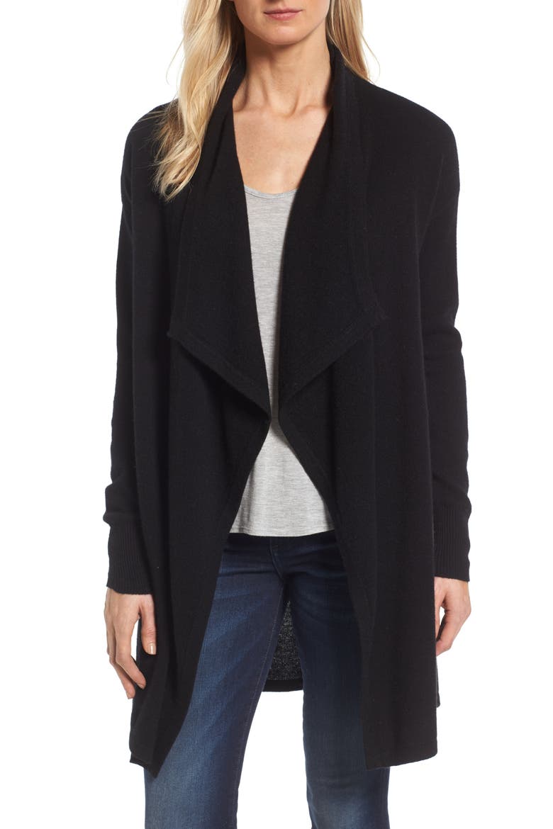 Cashmere Long Drape Front Cardigan, Main, color, BLACK