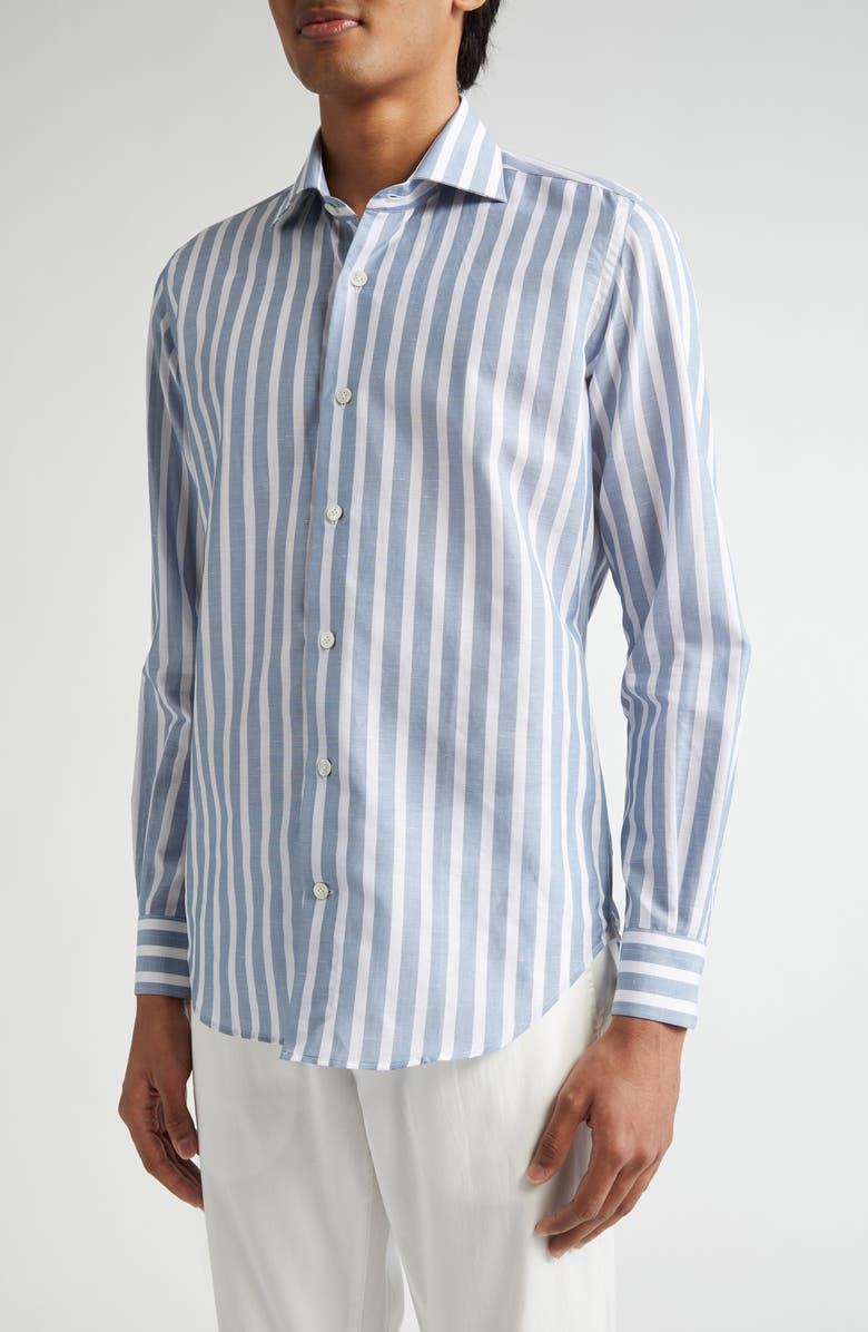 Eleventy Dandy Stripe Cotton & Linen Button-Up Shirt, Alternate, color, 