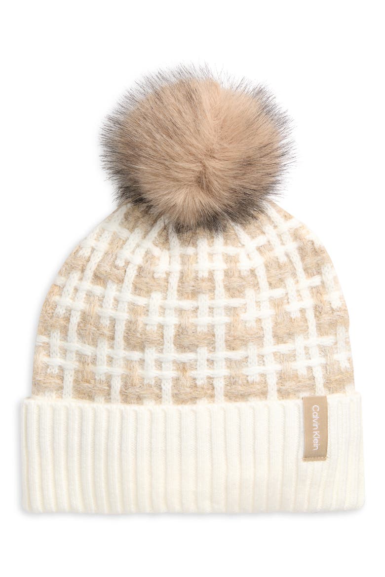 Grid Knit Faux Fur Pom Beanie, Main, color, CREAM