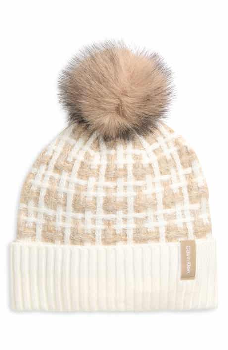 Grid Knit Faux Fur Pom Beanie