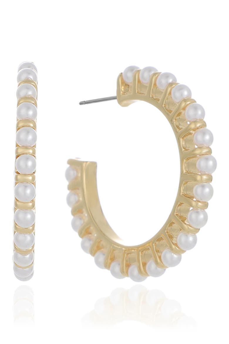 Faux Pearl Half Hoop Earrings, Main, color, GOLD