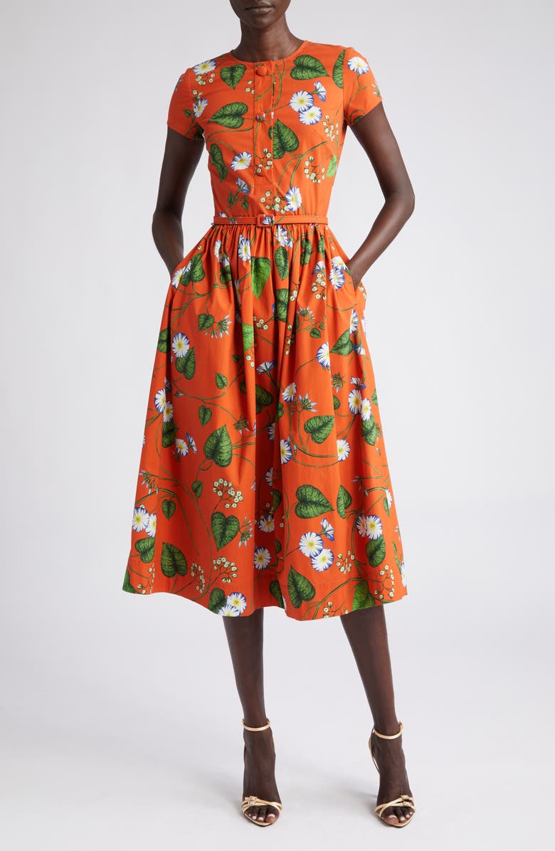 Oscar de la Renta Morning Glory Stretch Poplin Midi Dress, Main, color, 