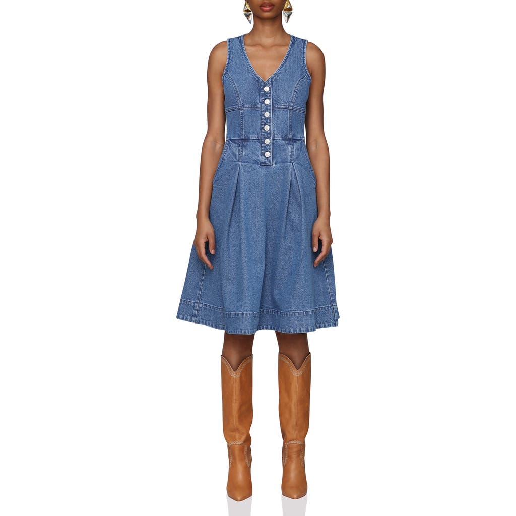 Avec Les Filles Button Front Sleeveless Denim Fit & Flare Dress In Blue