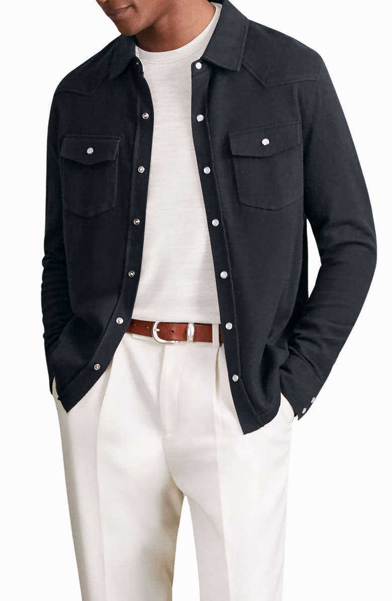 Reiss Ledger Cotton & Cashmere Snap-Up Shirt, Main, color, Navy