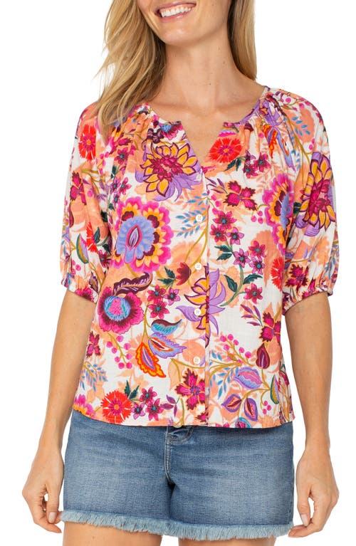 Liverpool Los Angeles Floral Puff Sleeve Button-up Top In Flower Of Paradise Multi