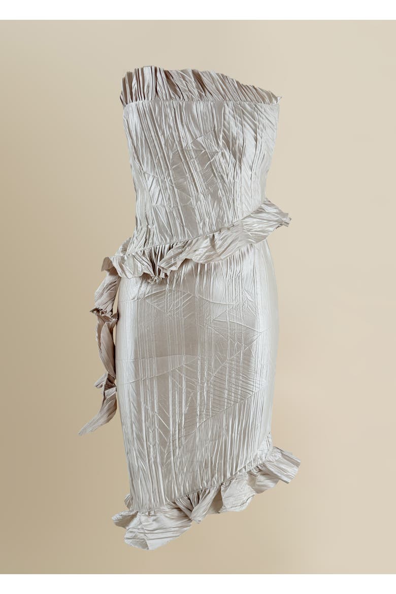 Le Fay Raw-Edged Pleated Satin Ruffle Dress, Main, color, Champagne