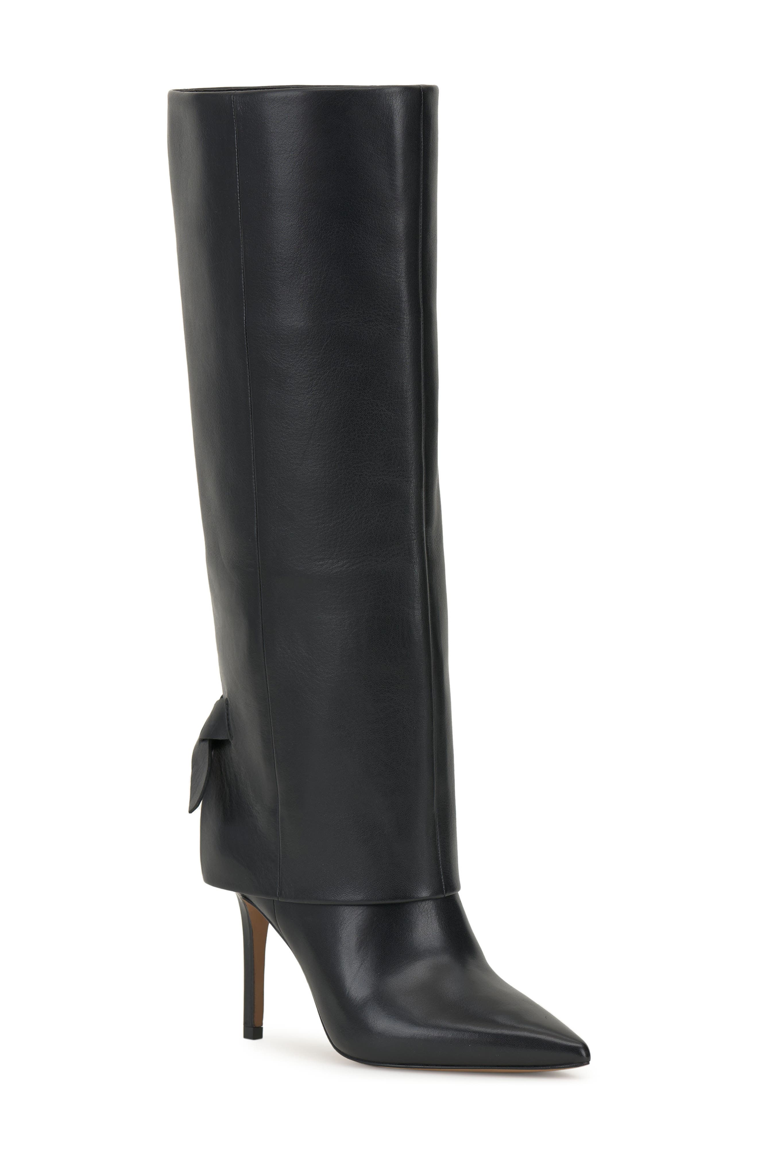 Kammitie Foldover Pointed Toe Knee High Boot, Main, color, BLACK