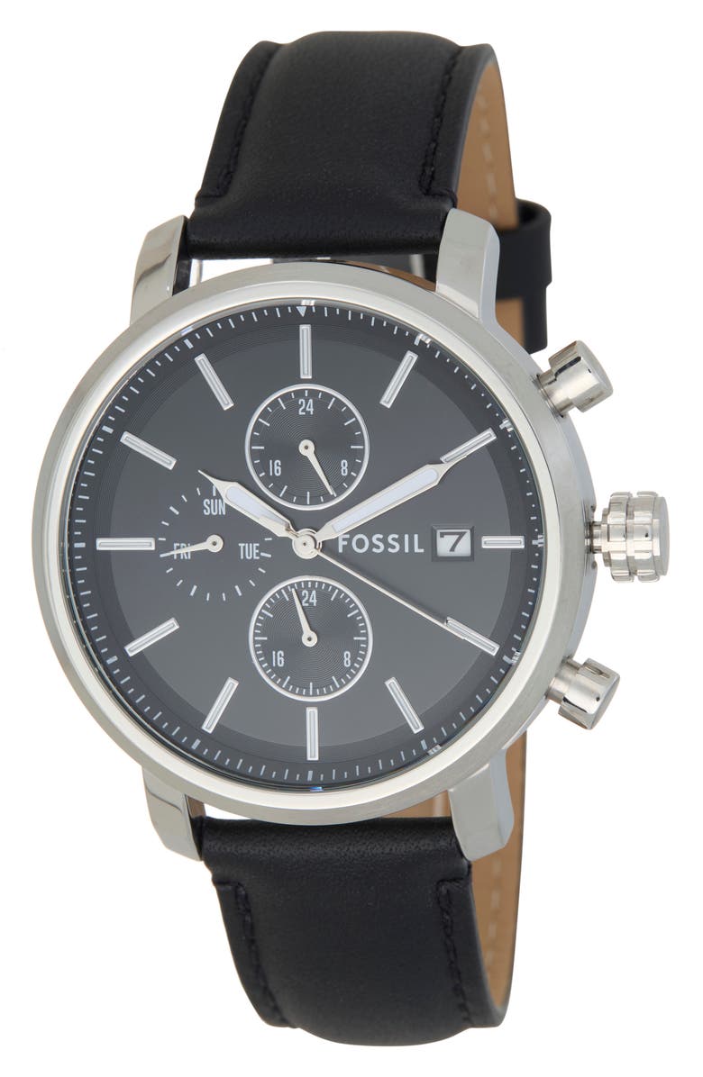 Fossil Rhett Multifunction Black LiteHide<sup>™</sup> Leather Watch, Main, color,