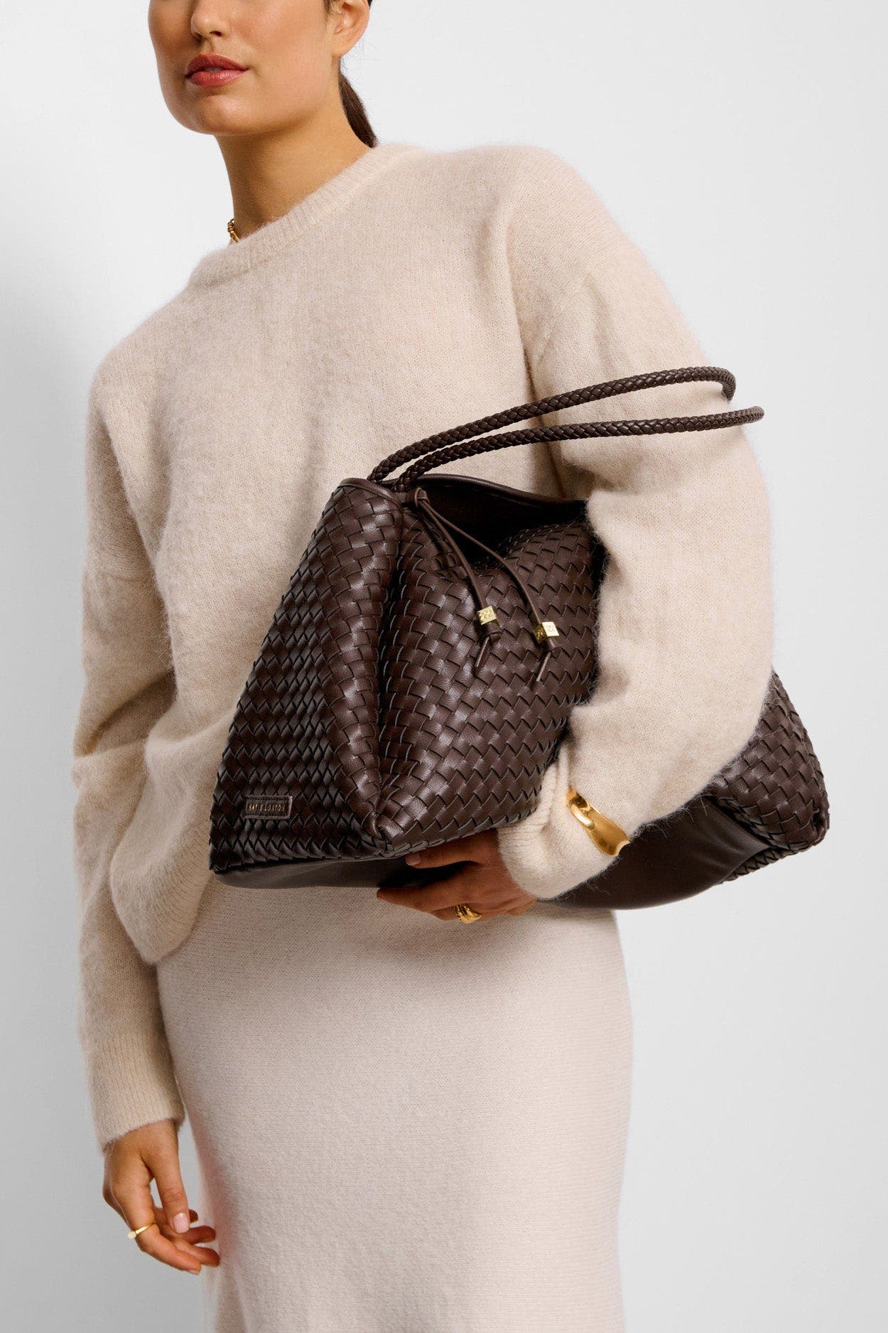 Katie Loxton Nova Hand Woven Large Shoulder Bag in Chocolate, Alternate, color, Chocolate