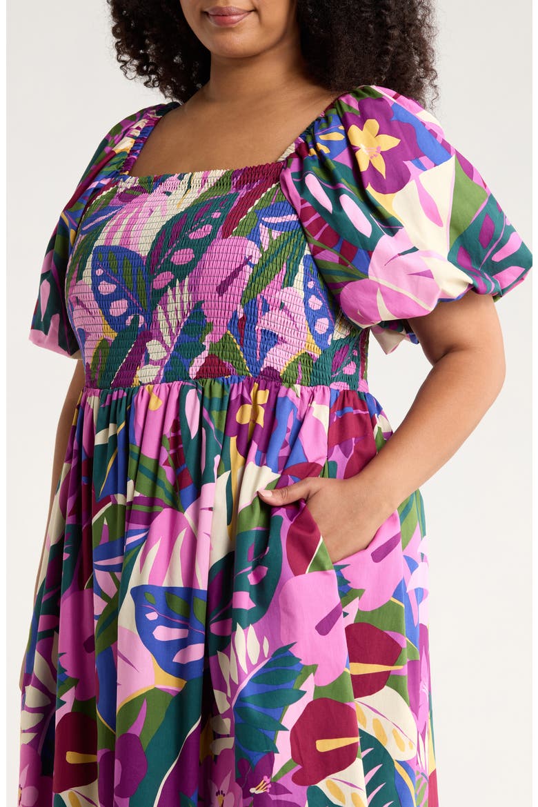 Blain Floral Maray Smocked Cotton Midi Dress, Alternate, color, PURPLE MULTI