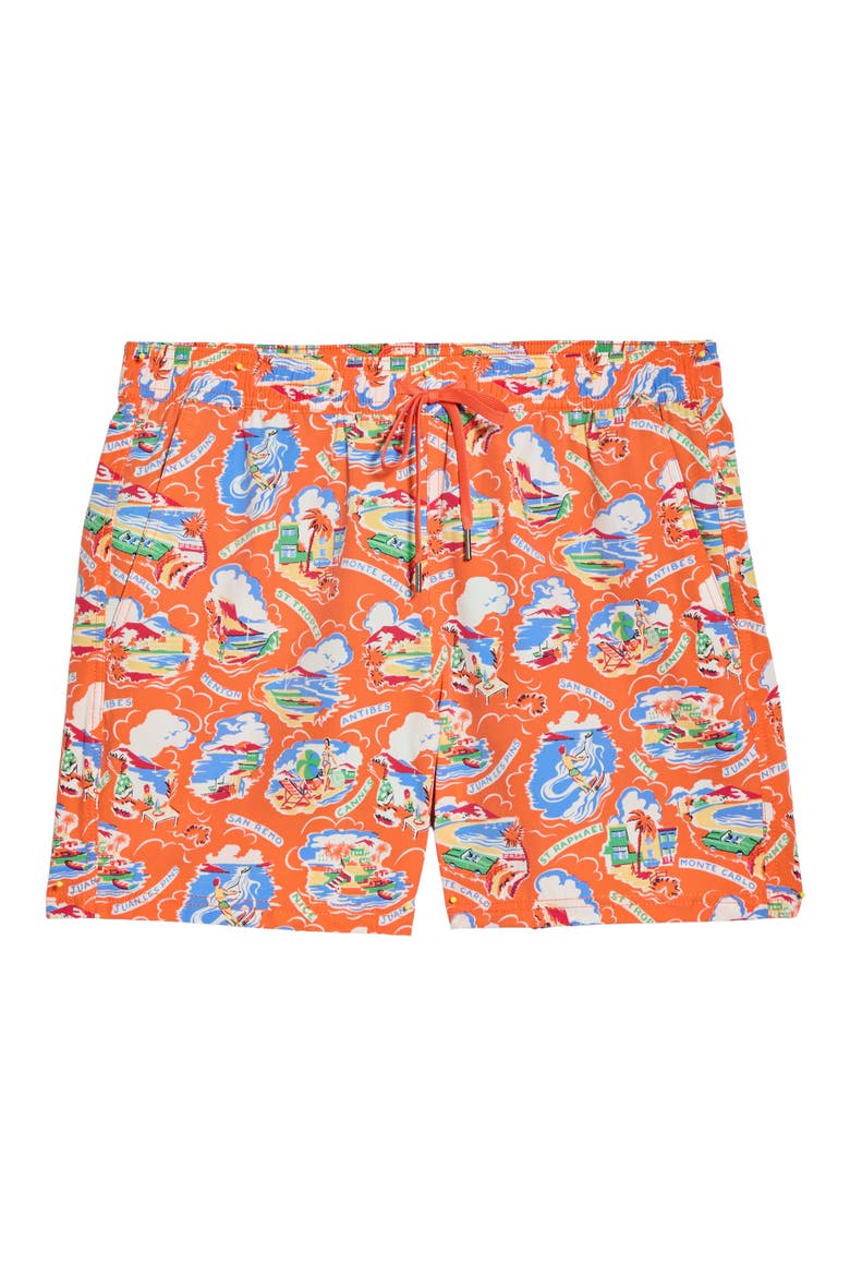 The Bungalow Print Swim Trunks, Main, color, RED COTE D AZURE