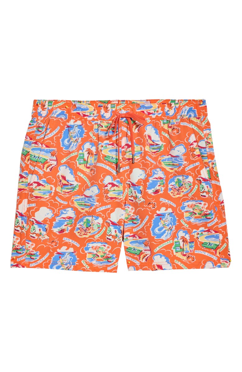 Fair Harbor The Bungalow Print Swim Trunks, Main, color, Red Cote D Azure