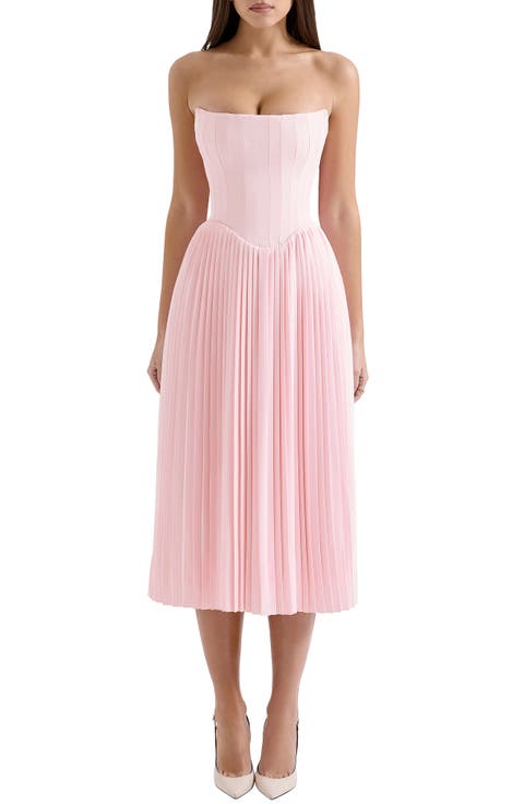 Marci Corset Pleated Strapless Midi Dress