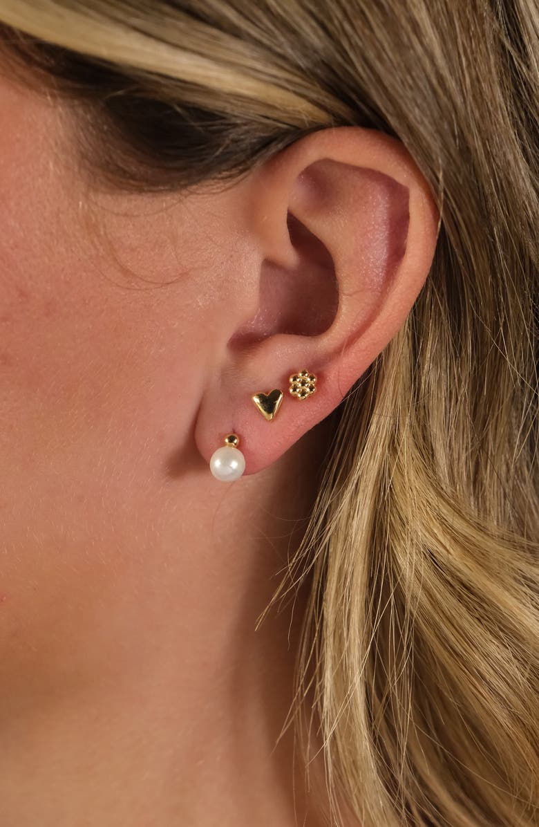 Sterling Forever Irene Faux Pearl Set of 3 Assorted Stud Earrings, Alternate, color, Gold