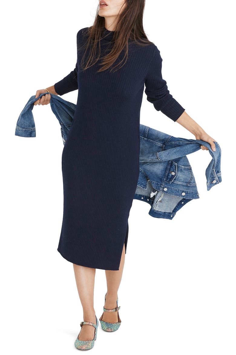 Mock Neck Midi Sweater Dress, Main, color, NAVY