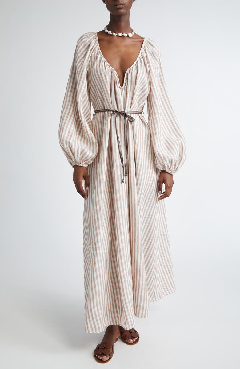 Zimmermann Cascadian Stripe Long Sleeve Linen Maxi Dress, Main, color, Tan Stripe