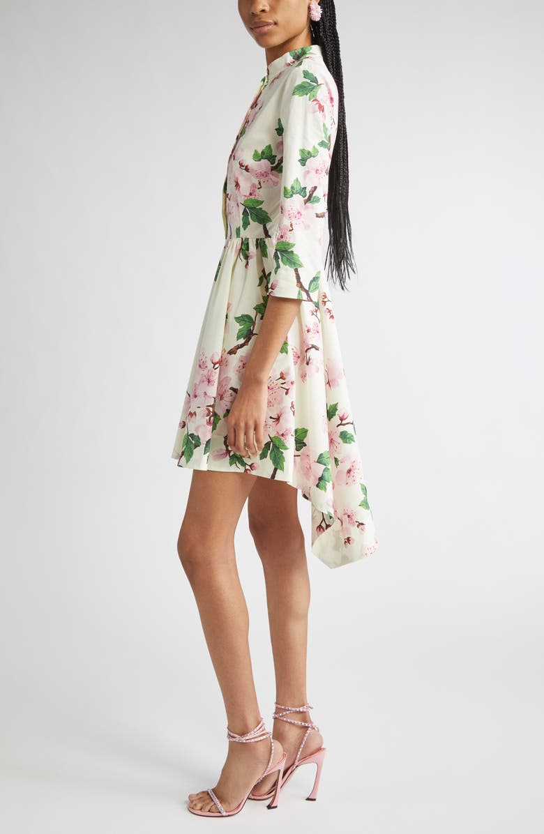 Oscar de la Renta Cherry Blossom Asymmetric Hem Stretch Poplin Shirtdress, Alternate, color, Ecru/ Pink