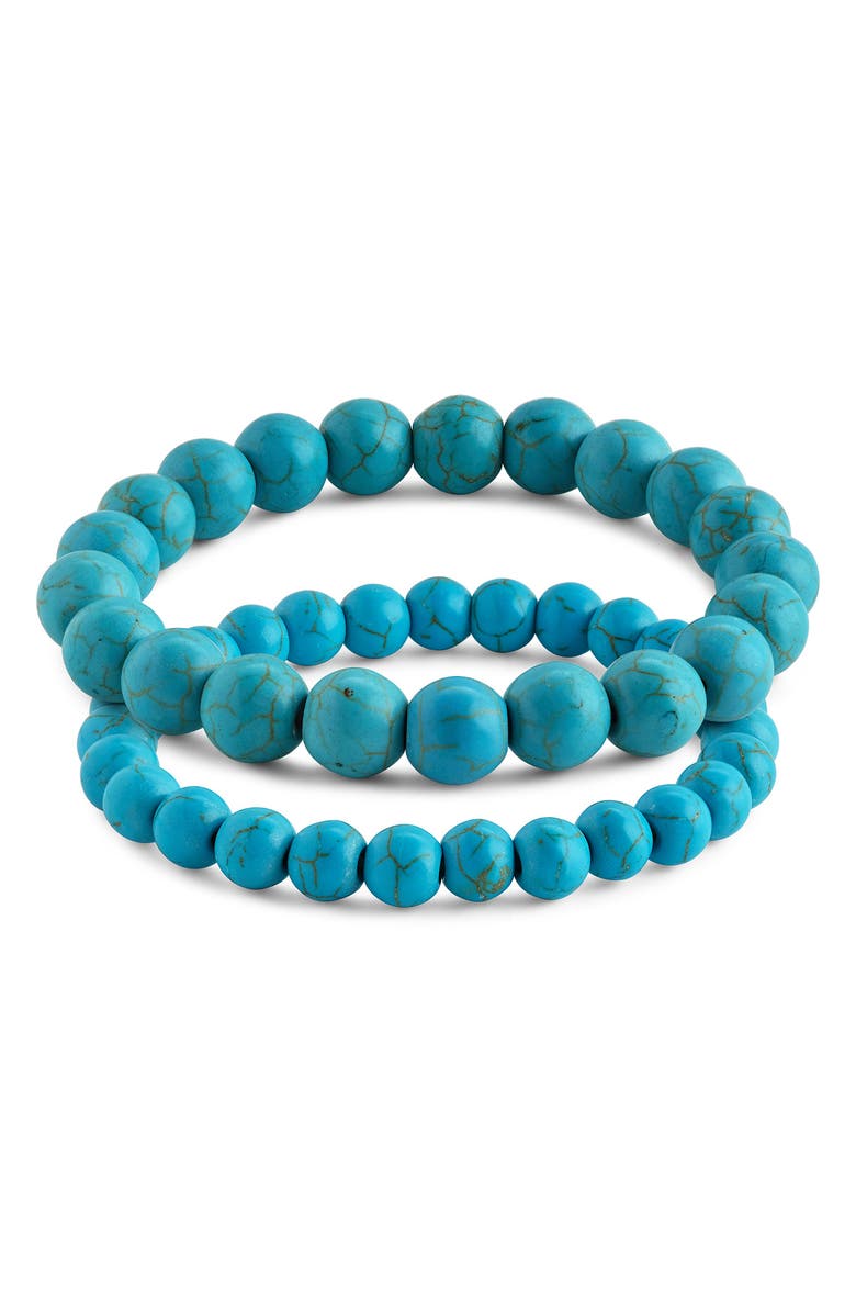 Sterling Forever Turquoise 2-Pack Beaded Stretch Bracelets, Alternate, color, Dark Turquoise