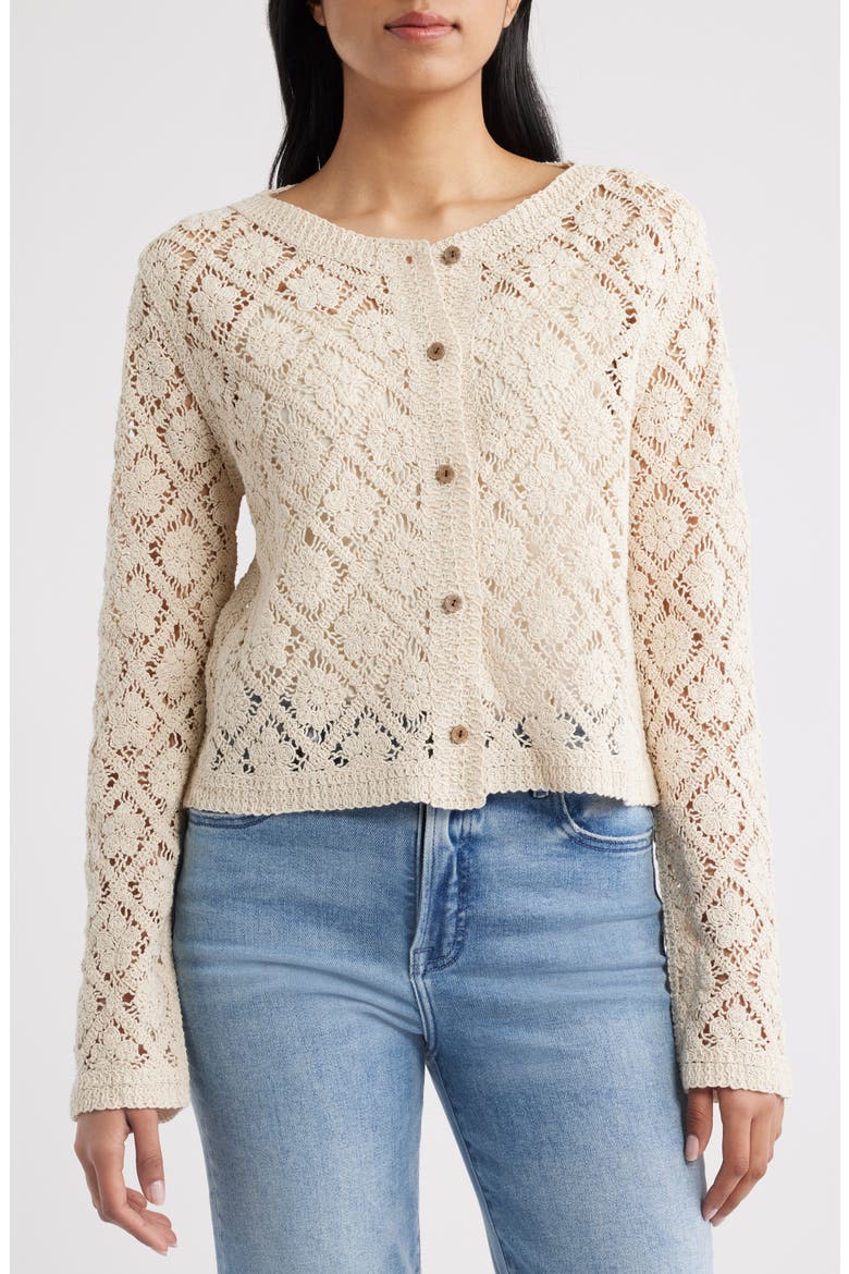 Diamond Floral Crochet Button Front Cardigan, Alternate, color, OATMEAL