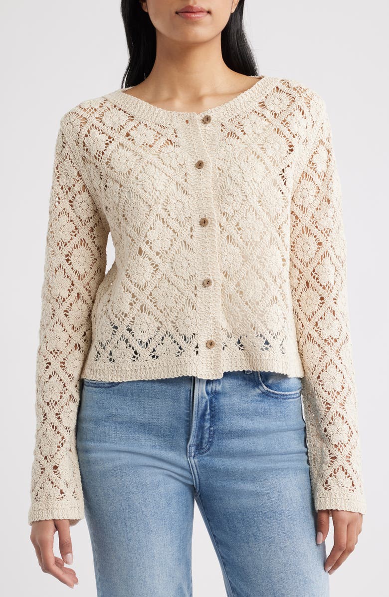Bobeau Diamond Floral Crochet Button Front Cardigan, Alternate, color, Oatmeal