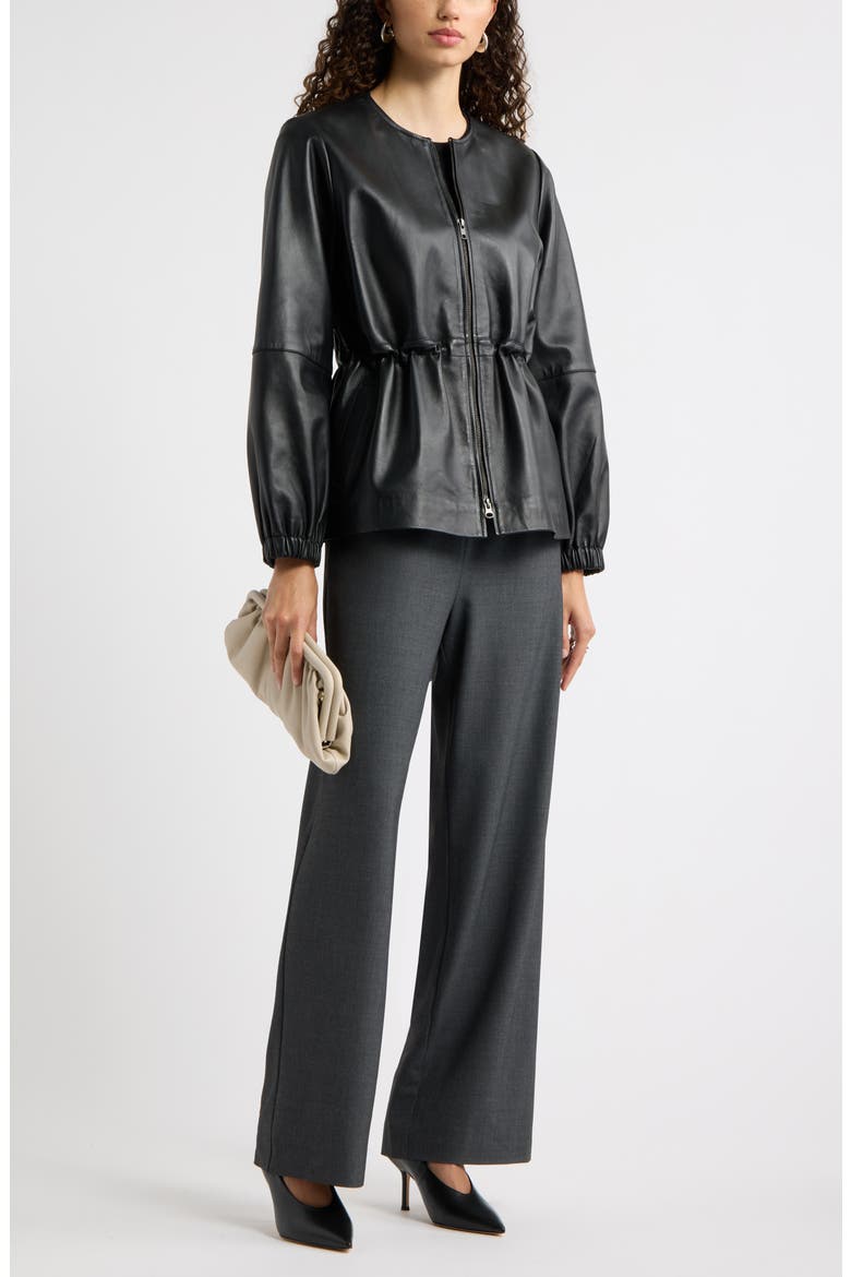 Cinch Waist Leather Jacket, Alternate, color, BLACK
