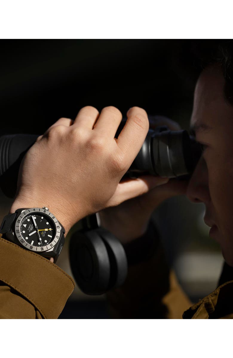 Timex<sup>®</sup> Expedition North<sup>®</sup> GMT Titanium Automatic Silicone Strap Watch, 41mm, Alternate, color, Black